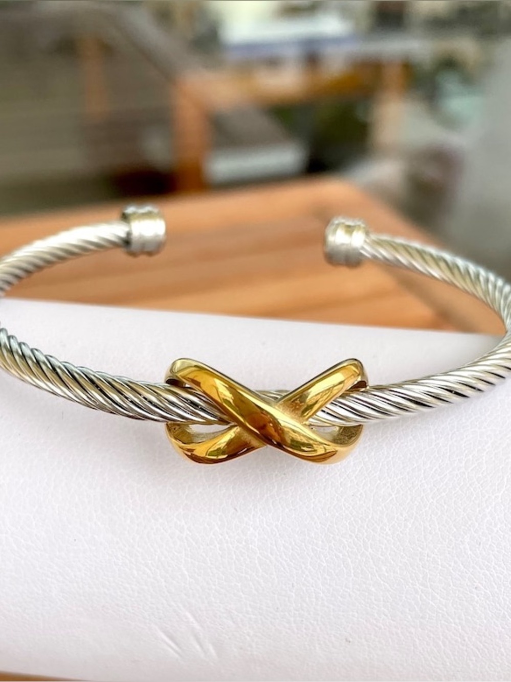 Stainless Steel Cable Wire Cuff Bangle, Gold-plated infinity symbol